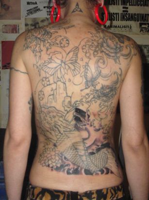 Fish And Butterfly Tats On Back